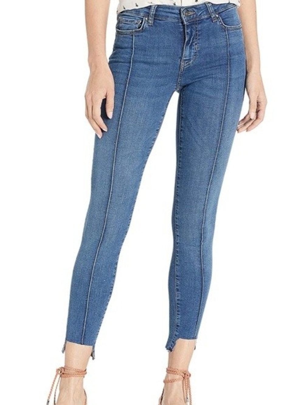 Free People Pintuck Seam Step Cut Raw Hem Skinny Jeans W25R Island Blue Denim